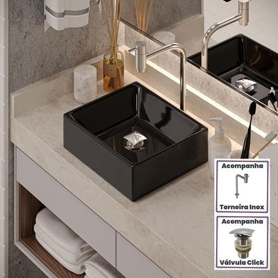 Kit Cuba Tulipa Sobrepor Com Torneira Inox E Valvula Click Preto