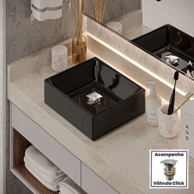 Kit Cuba Tulipa Sobrepor Com Valvula Click Quadrada Preta