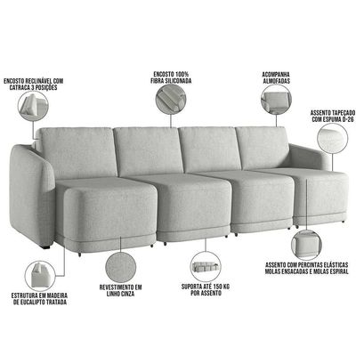 Sofá Cama Para Sala De Estar 4 Lugares 356cm Montserrat K01 Linho Cinza - Lyam Decor