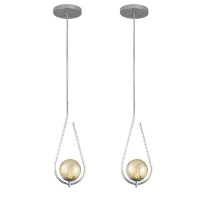 Kit 2 Pendentes Lustres On Drop Prata Globo De Vidro Ambar