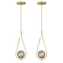Kit 2 Pendentes Lustres On Drop Dourado Globo De Vidro Fume