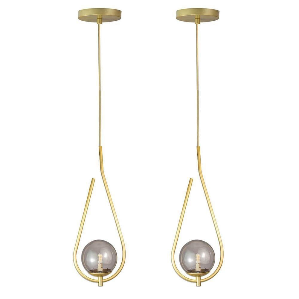 Kit 2 Pendentes Lustres On Drop Dourado Globo De Vidro Fume