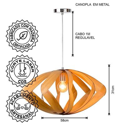 Lustre Pendente Em Madeira - Eye - 58 Cm