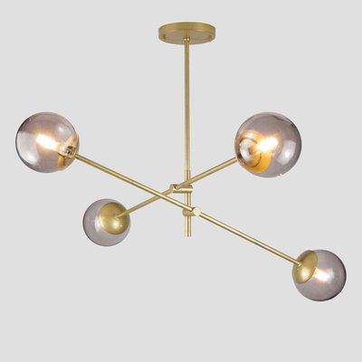 Lustre Lirio Com 4 Globos Esfera De Vidro Fume - Ouro