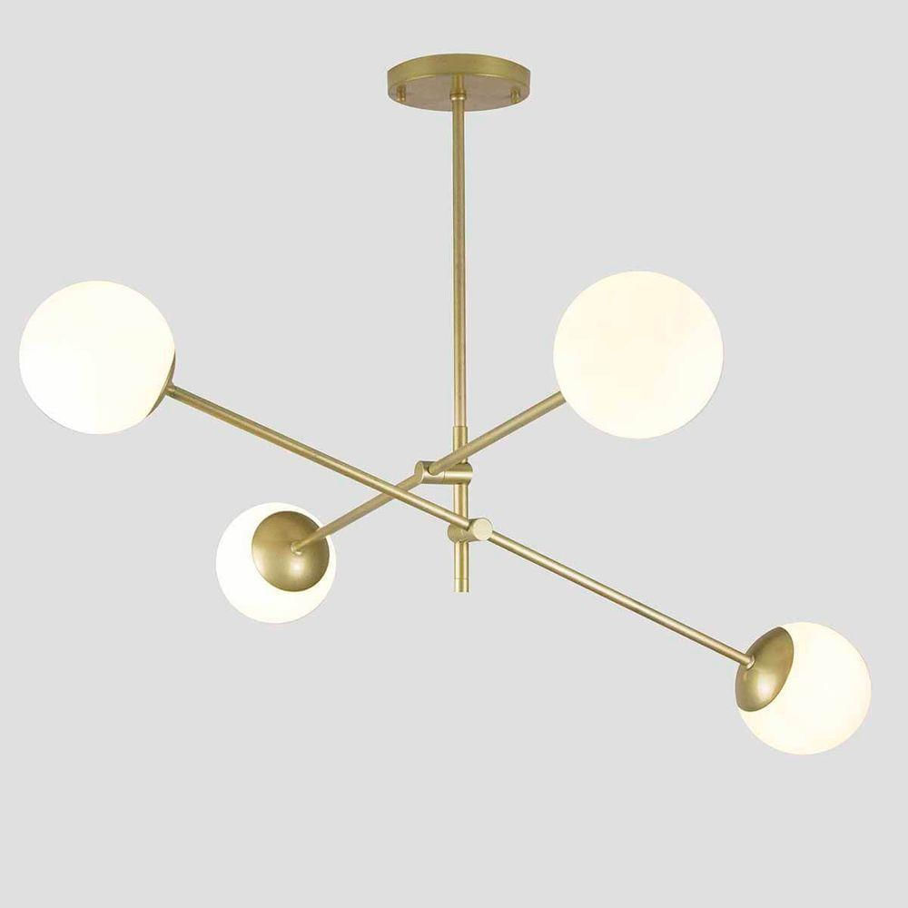 Lustre Lirio Com 4 Globos Esfera De Vidro Branco - Ouro