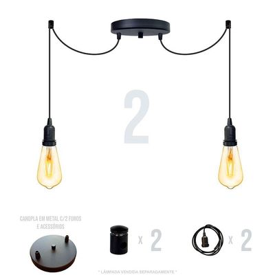 Lustre Aranha Com 2 Pendentes (2m Cabo Preto + Soquetes + Canopla)