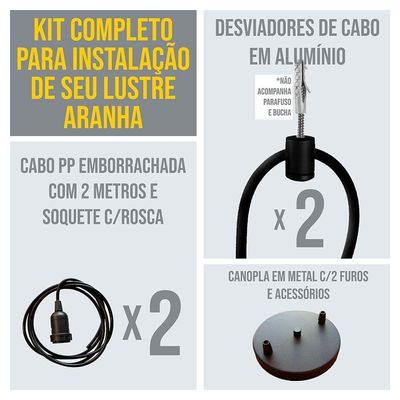 Lustre Aranha Com 2 Pendentes (2m Cabo Preto + Soquetes + Canopla)