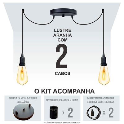 Lustre Aranha Com 2 Pendentes (2m Cabo Preto + Soquetes + Canopla)