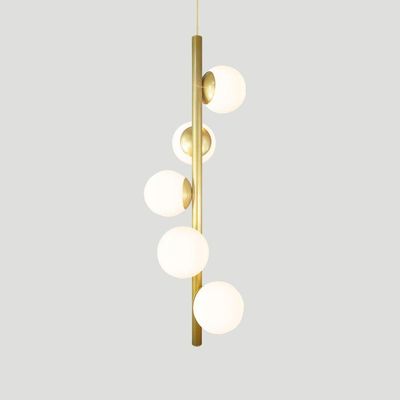 Lustre Vertical Figo Ouro - 5 Globos Esfera De Vidro Branco