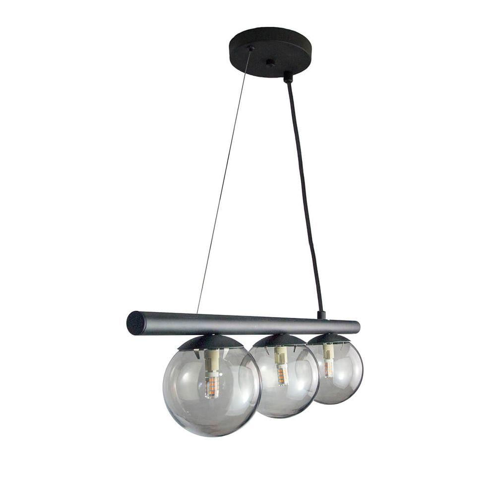 Lustre Pendente Figo Preto - 3 Globos Esfera De Vidro Fumê