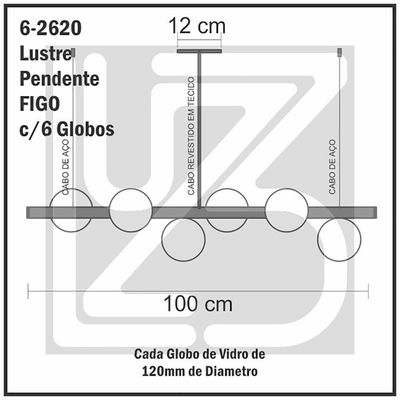 Lustre Pendente Figo Ouro - 6 Globos Esfera De Vidro Branco