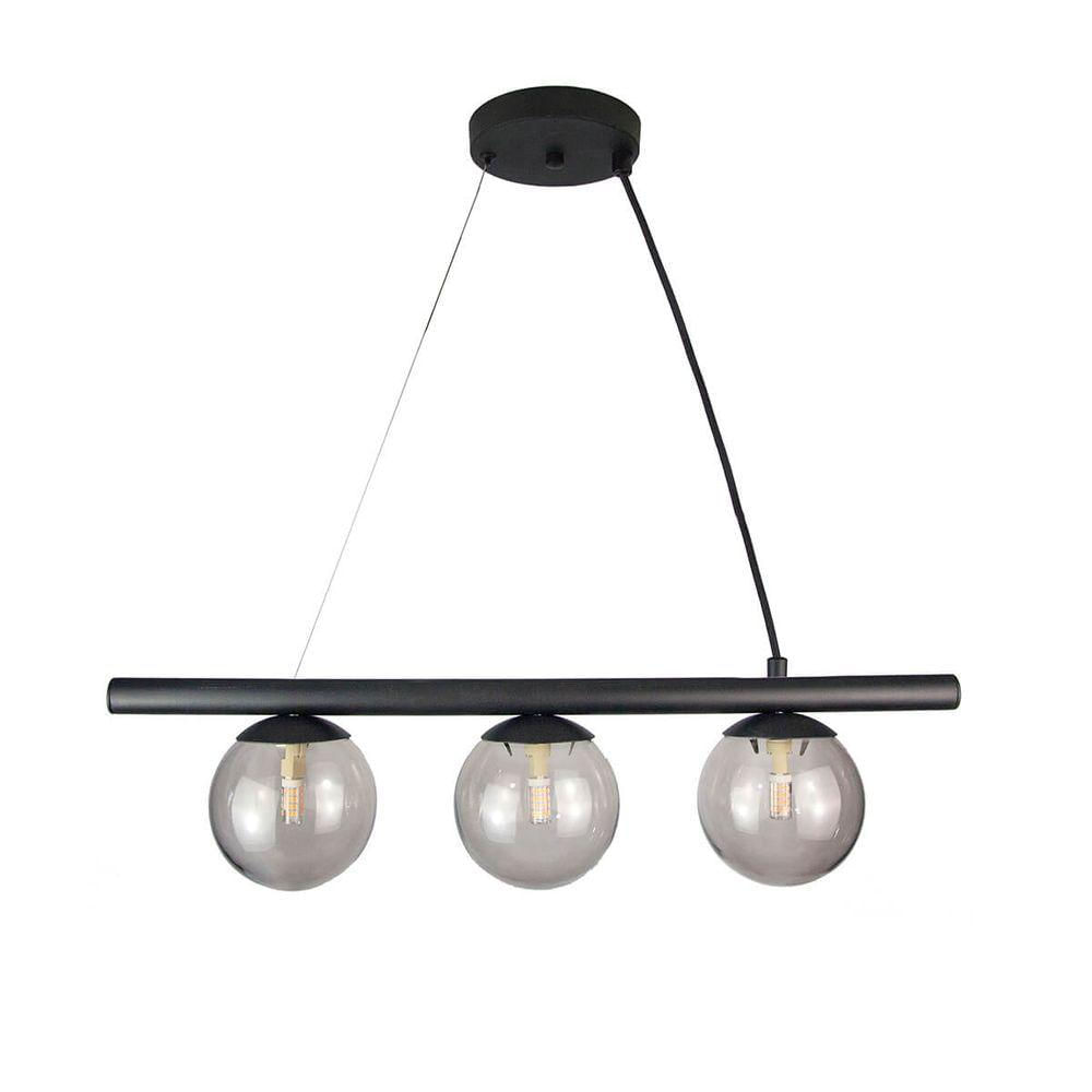 Lustre Pendente Figo Preto - 3 Globos Esfera De Vidro Fumê