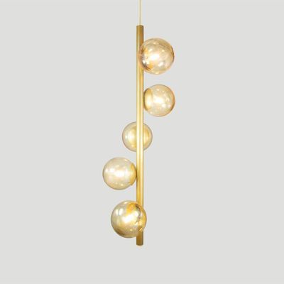 Lustre Vertical Figo Ouro - 5 Globos Esfera De Vidro âmbar