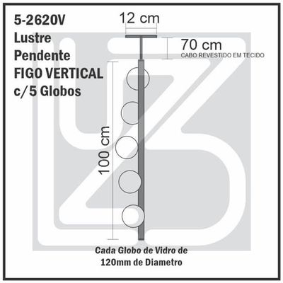 Lustre Vertical Figo Preto - 5 Globos Esfera De Vidro Branco