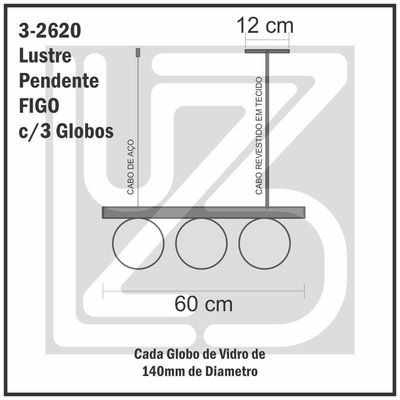 Lustre Pendente Figo Preto - 3 Globos Esfera De Vidro Branco