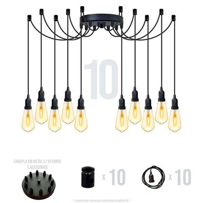 Lustre Aranha Com 10 Pendentes (2m Cabo Preto+ Soquetes + Canopla)