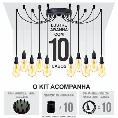 Lustre Aranha Com 10 Pendentes (2m Cabo Preto+ Soquetes + Canopla)