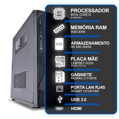 Computador Desktop, Intel Core I5 9º Geração, 8gb Ram, Hd Ssd 240gb, Conexões Usb-vga-hdmi-lan-som