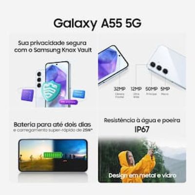 Smartphone Samsung Galaxy A55 5G 256GB Azul Claro 8GB RAM Câmera Tripla Traseira de até 50MP Selfie de 32MP Tela Super AMOLED 6.6"