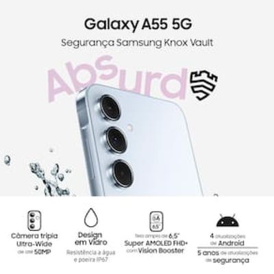 Smartphone Samsung Galaxy A55 5G 256GB Azul Claro 8GB RAM Câmera Tripla Traseira de até 50MP Selfie de 32MP Tela Super AMOLED 6.6"