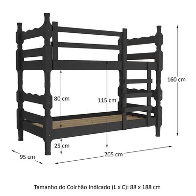 Beliche Madeira Maciça - Vira 2 Camas - Para Colchão 78/88 X 188cm Porto Multimóveis Cr4138 Preto