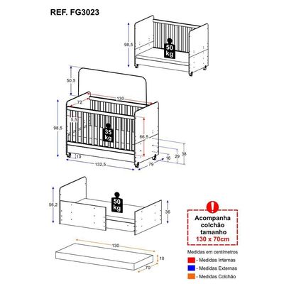 Berço Americano 3 Em 1 Com Colchão Incluso E Rodízios Multimóveis Bambino Fg3023 Branco