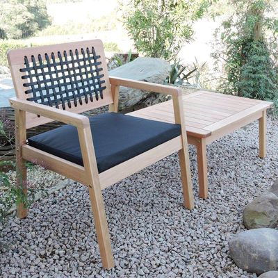Poltrona Garden Madeira Maciça Assento Estofado Encosto Trançado Corda - Natural Acquablock Preto