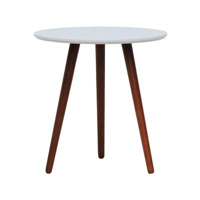 Mesa Lateral Tripé Tampo Mdf E Pés Madeira Eucalipto Maciço - Amêndoa Branco