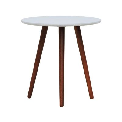 Mesa Lateral Tripé Tampo Mdf E Pés Madeira Eucalipto Maciço - Amêndoa Branco