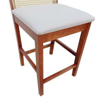 Banqueta Média Pérola Madeira Maciça Com Telinha C- 62cm Altura - Amêndoa Linho Bege