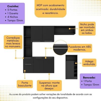 Armário De Cozinha Com Bancada Americana/mesa Gourmet Sofia Multimóveis Mp2195 Preto Preto