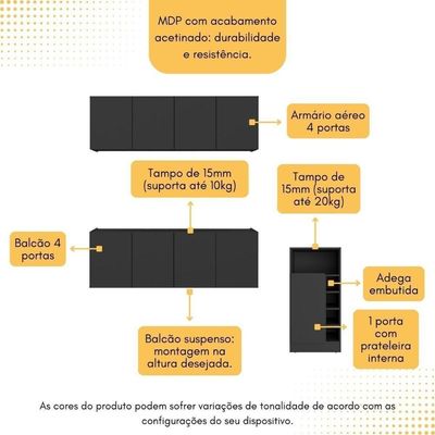 Armário De Cozinha Com Bancada Americana/mesa Gourmet Multimóveis Mp2202 Preto Preto