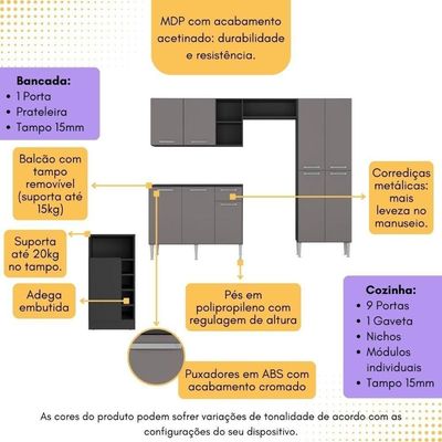 Armário De Cozinha Com Mesa Gourmet Pequim Multimóveis Mp2205 Preto/lacca Fumê Preto/lacca Fumê