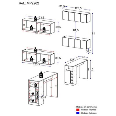 Armário De Cozinha Com Bancada Americana/mesa Gourmet Multimóveis Mp2202 Preto Preto