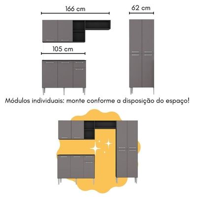 Armário De Cozinha Com Mesa Gourmet Pequim Multimóveis Mp2205 Preto/lacca Fumê Preto/lacca Fumê