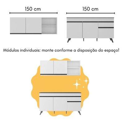 Armário De Cozinha Compacta Com Mesa Gourmet Veneza Multimóveis Mp2201 Branco/preto Branco/preto