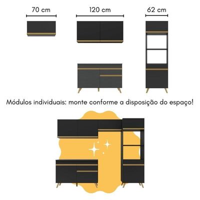 Armário De Cozinha Compacta Com Mesa/bancada Veneza Multimóveis Mp2210 Preto/dourado Preto/dourado