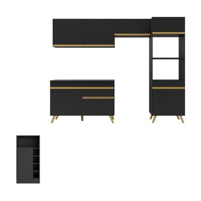 Armário De Cozinha Compacta Com Mesa/bancada Veneza Multimóveis Mp2210 Preto/dourado Preto/dourado