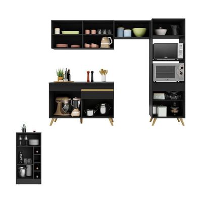 Armário De Cozinha Compacta Com Mesa/bancada Veneza Multimóveis Mp2210 Preto/dourado Preto/dourado