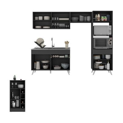 Armário De Cozinha Compacta Com Mesa/bancada Veneza Multimóveis Mp2210 Preto/branco Preto/branco