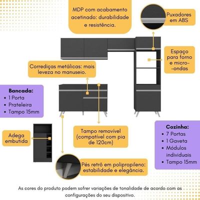Armário De Cozinha Compacta Com Mesa/bancada Veneza Multimóveis Mp2210 Preto/branco Preto/branco