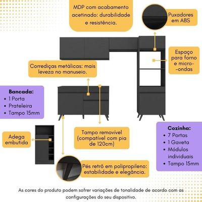 Armário De Cozinha Compacta Com Mesa/bancada Veneza Multimóveis Mp2210 Preto Preto