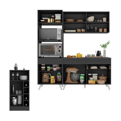 Cozinha Compacta Com Bancada Americana/mesa Veneza Multimóveis Mp2211 Preto/branco Preto/branco