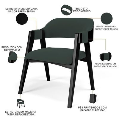 Kit 2 Cadeiras Sala De Jantar Estar Living Estofada Suran L02 Preto Suede Verde Musgo - Lyam Decor