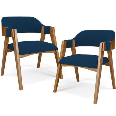 Kit 02 Cadeiras Para Sala De Jantar E Estar Living Estofada Suran L02 Suede Azul Marinho - Lyam
