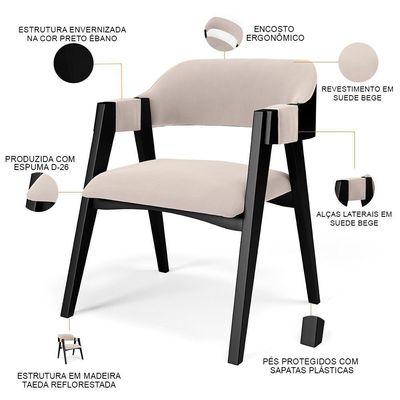 Kit 2 Cadeiras Sala De Jantar Estar Living Estofada Suran L02 Preto Suede Bege - Lyam Decor
