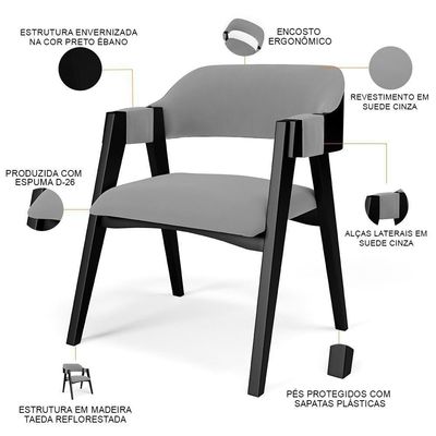 Kit 4 Cadeiras Sala De Jantar Estar Living Estofada Suran L02 Preto Suede Cinza - Lyam Decor