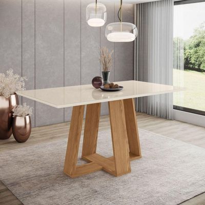 Conjunto De Mesa Henn Lins Com 6 Cadeiras Bella 1,60 Nature-off White-marrom Amêndoa