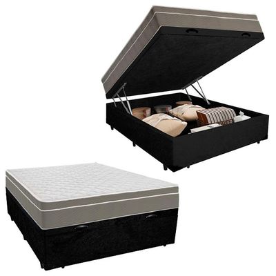 Cama Box Baú Casal Suede + Colchão Sereneprime Molas Ensacadas 138x188x69 Cor:preto