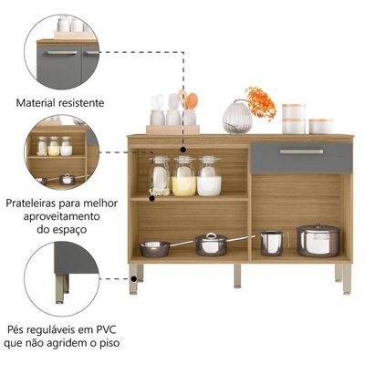 Balcão De Cozinha 3 Portas E 1 Gavetas Com Tampo 1,20m Versalhes Kit\'s Paraná Freijo Cinza